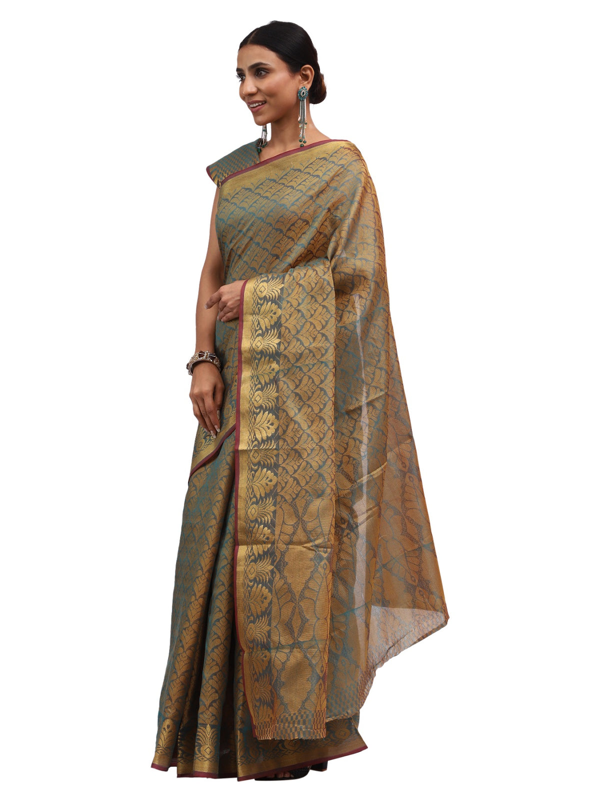 Cotton Silk Banarasi Dark Olive Green Saree with Brocade Work