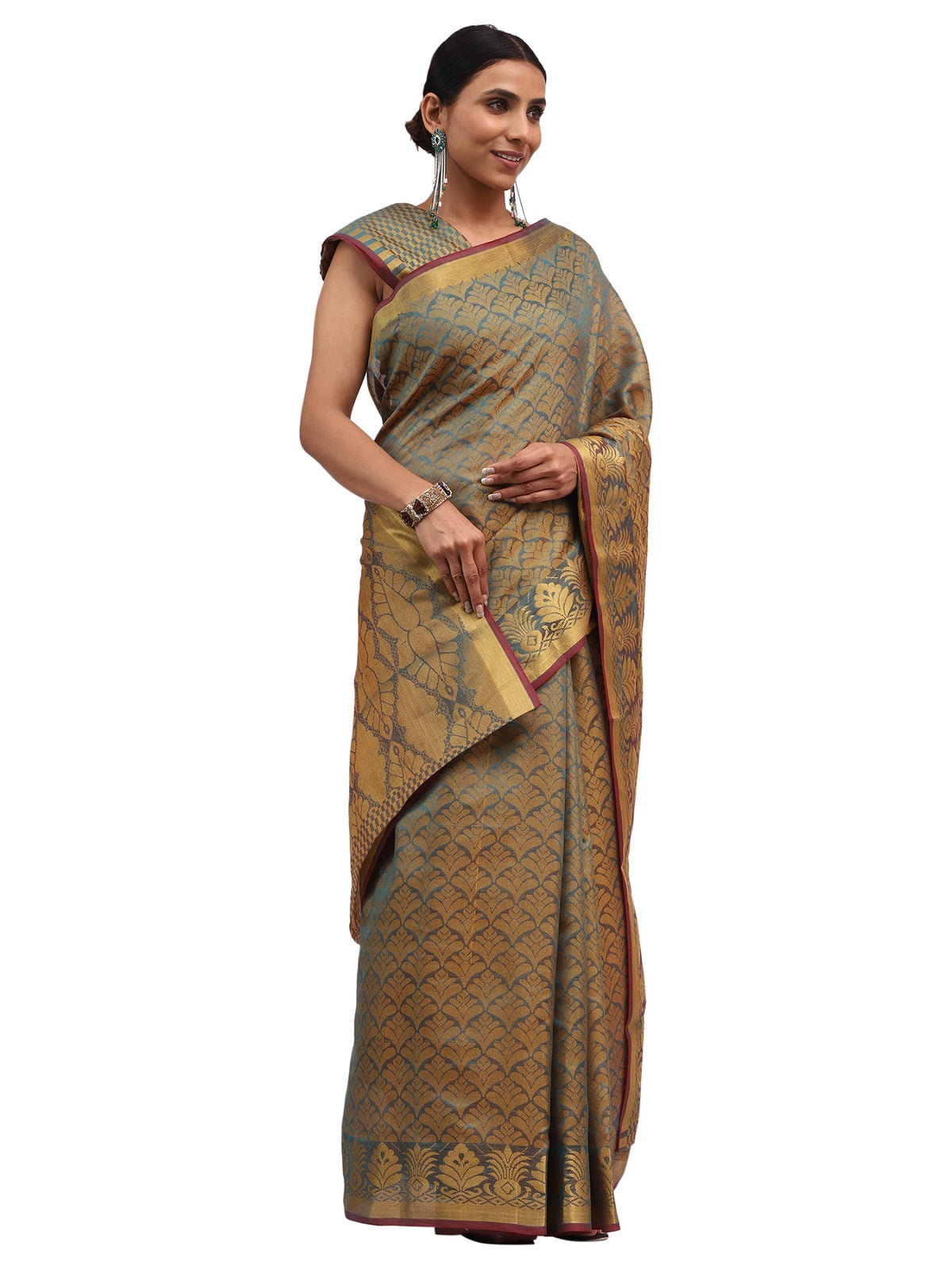 Cotton Silk Banarasi Dark Olive Green Saree with Brocade Work