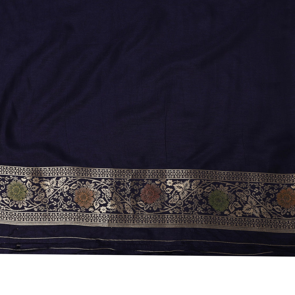 Katan Silk Banarasi Navy Blue Saree with Kalamkari Jungla Handpaint Work