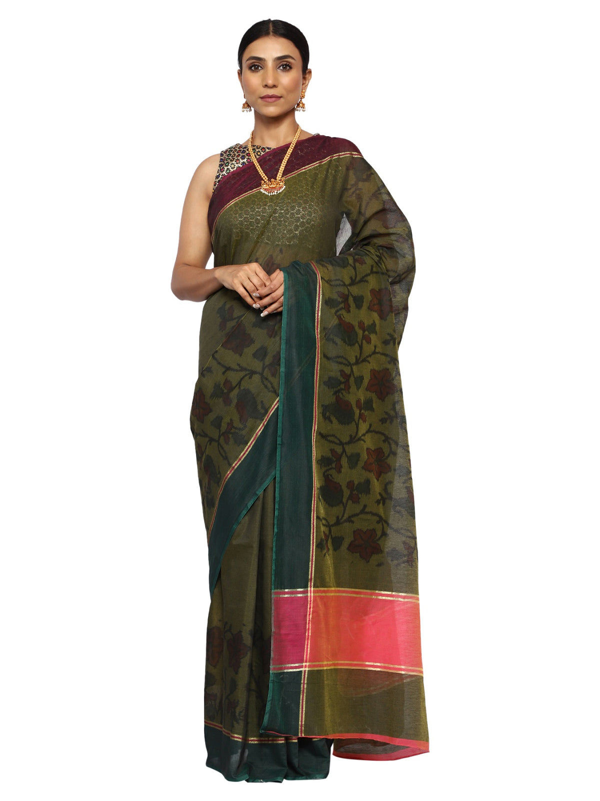 Cotton Silk Banarasi Green Saree with Banarasi Ikkat Pattern