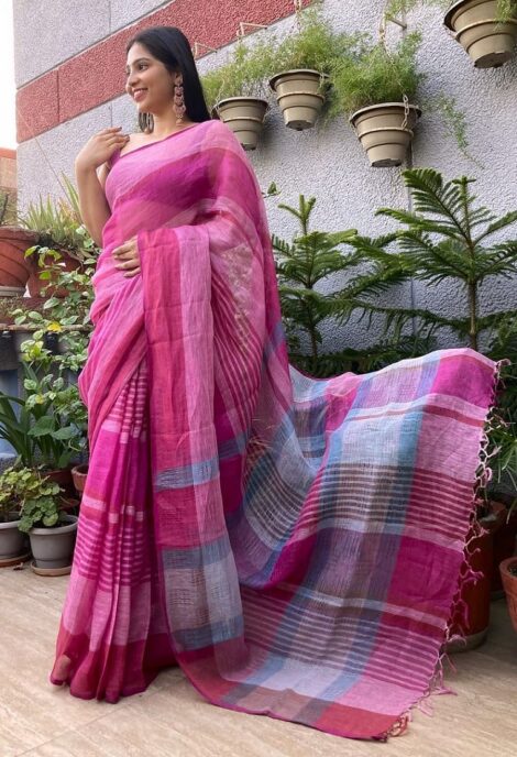 Pure Linen Handloom Pink Color Saree