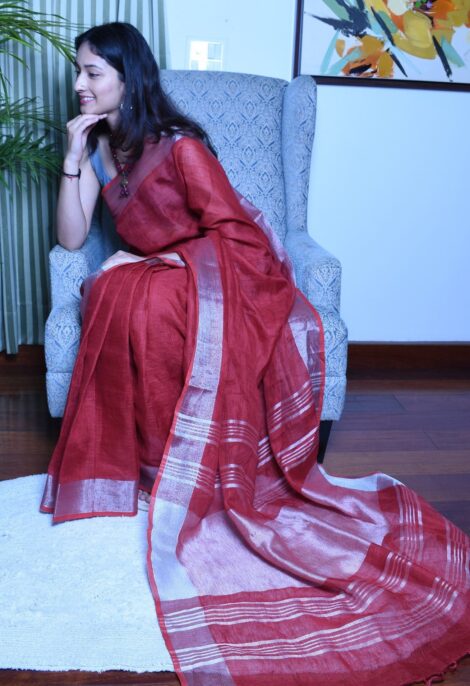 Pure Linen Handloom Red Saree