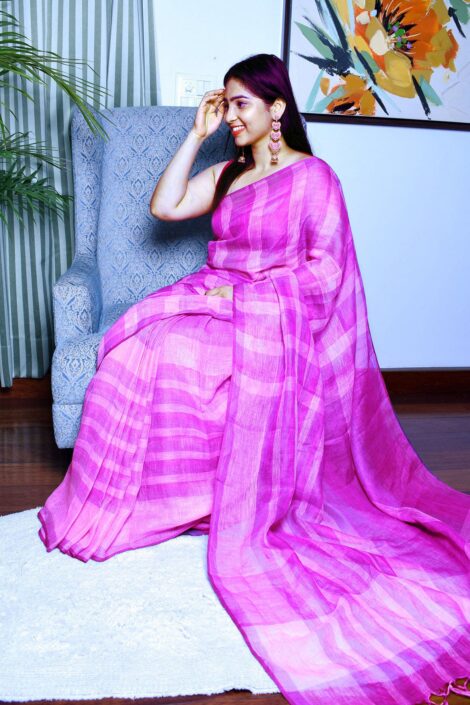 Pure Linen Handloom Purple Saree