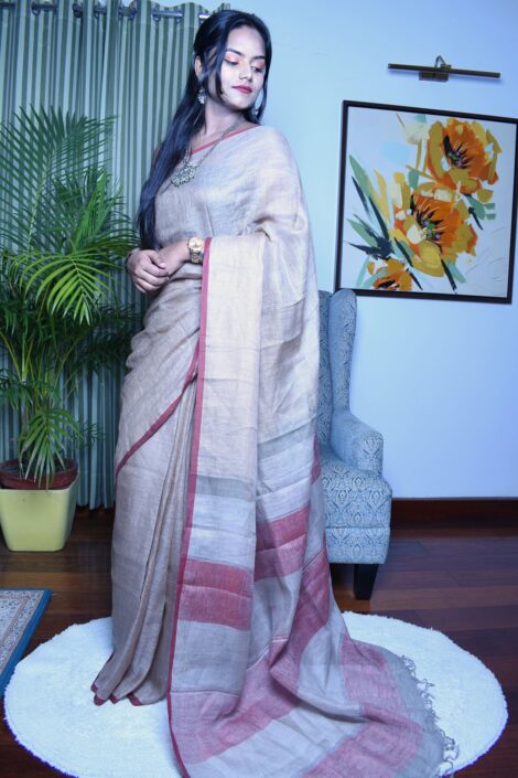 Pure Linen Handloom Beige Saree