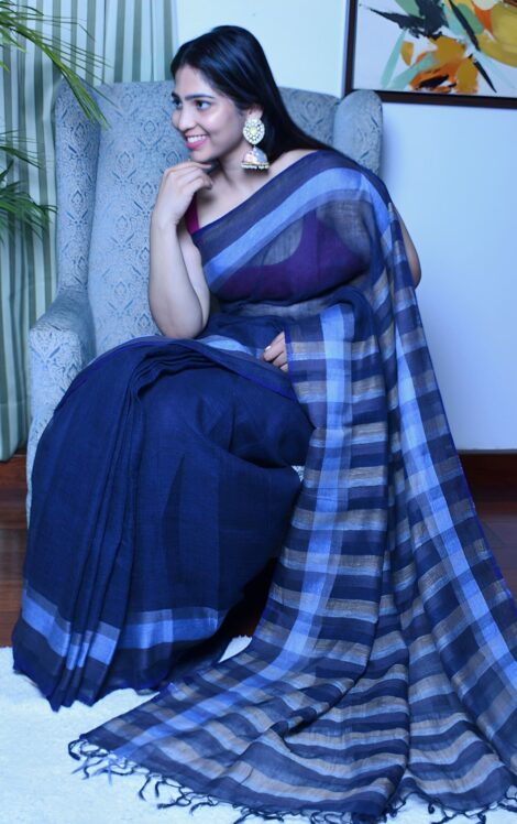 Pure Linen Handloom Navy Blue Saree
