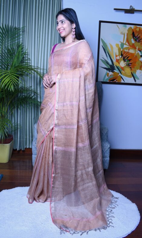 Pure Linen Handloom Light Brown Color Saree
