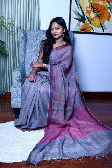 Pure Linen Handloom Grey Color Saree