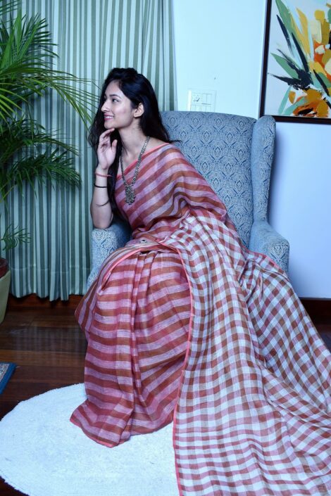 Pure Linen Handloom Saffron Saree