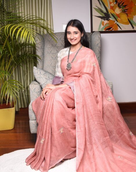 Pure Linen Handloom Embroidered Peach Color Saree