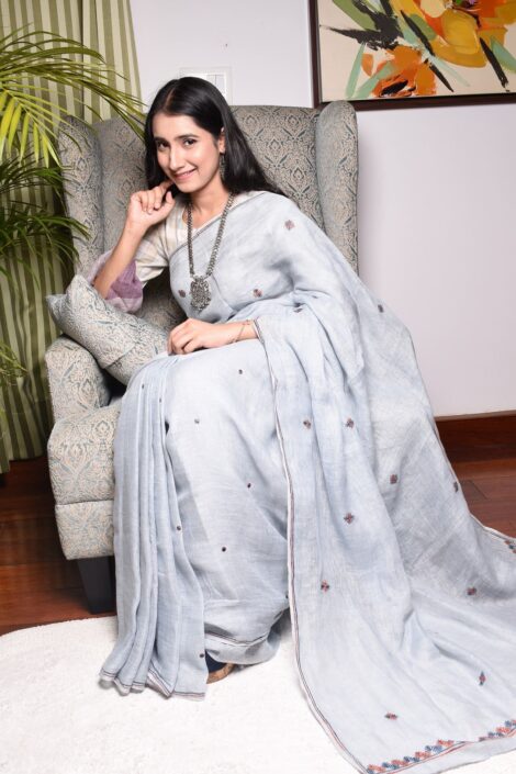 Pure Linen Handloom Embroidered Light Blue Color Saree