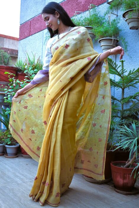 Pure Linen Handloom Embroidered Yellow Color Saree