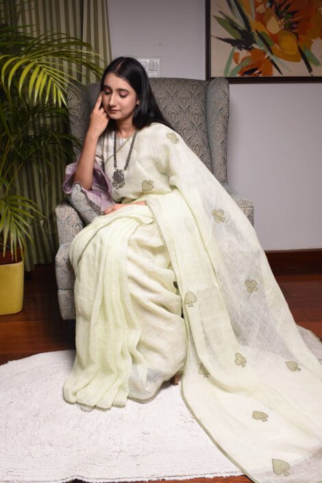 Pure Linen Handloom Embroidered Pista Green Color Saree