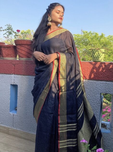 Pure Linen Handloom Black Color Saree