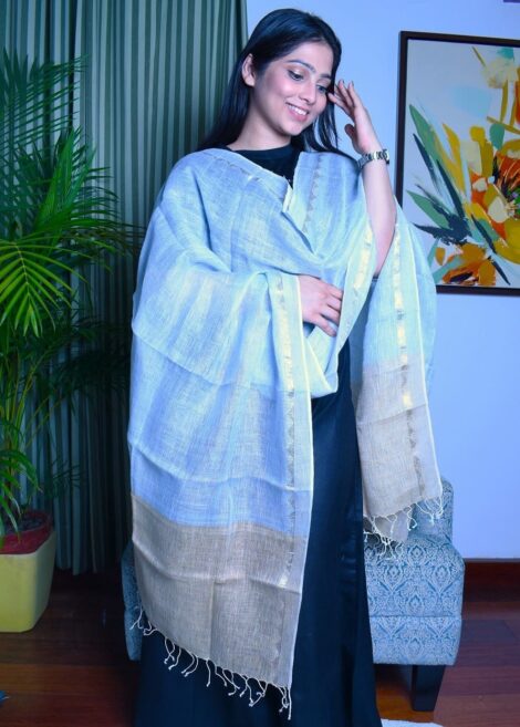 Linen Handloom Dupatta Light Blue Beige