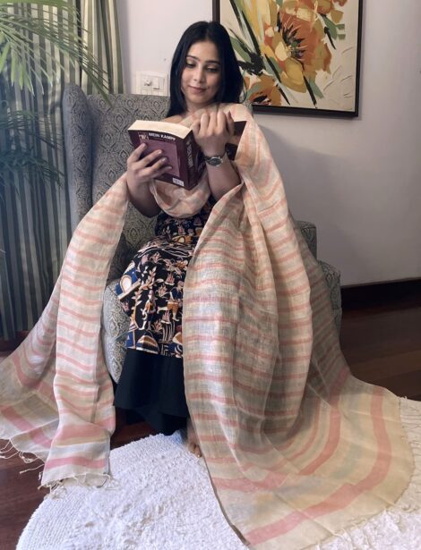 Linen Handloom Dupatta White Peach Stripes