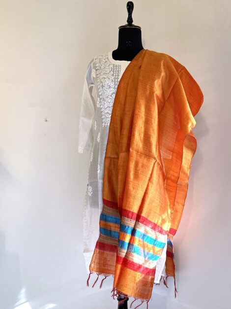 ORANGE RAW SILK HANDLOOM DUPATTA