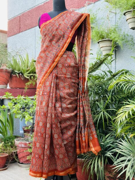 Chanderi Cotton Silk Ajrakh Print Saffron Saree