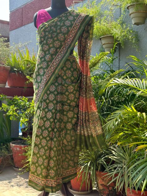 CHANDERI COTTON SILK AJRAKH PRINT GREEN SAREE