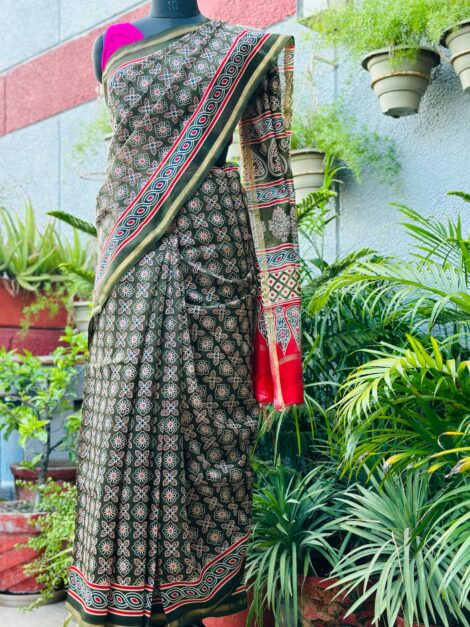 CHANDERI COTTON SILK AJRAKH PRINT BOTTLE GREEN SAREE