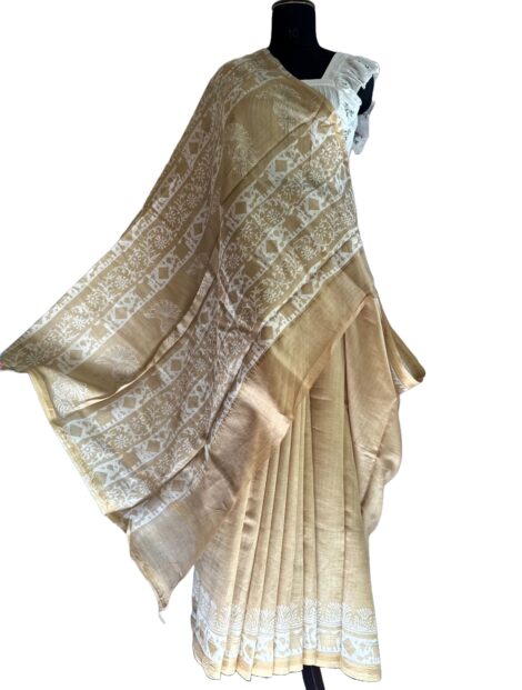 Chanderi Cotton Silk Dabu Print Gold Saree for Women