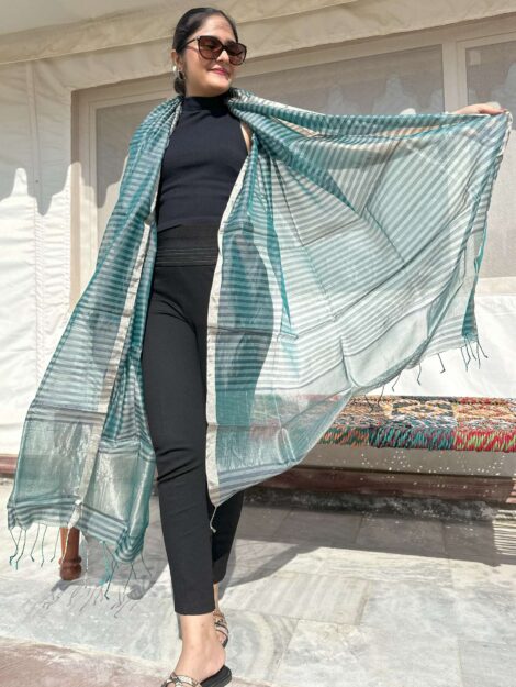 Katan Silk Chanderi Handloom Dupatta-  Aqua Teal Color