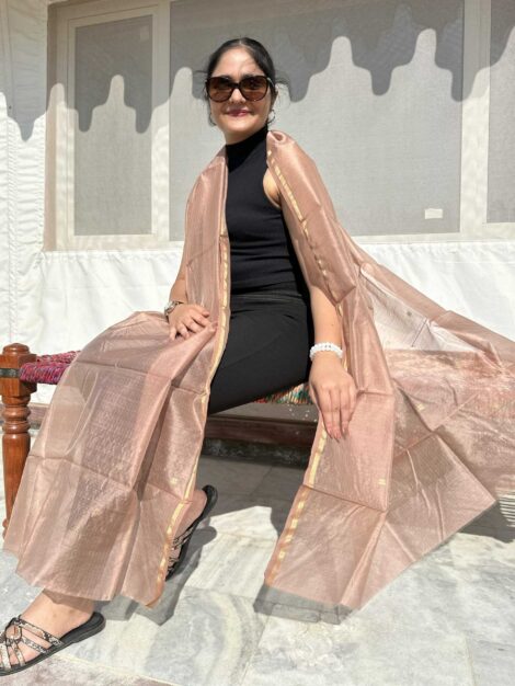 Katan Silk Chanderi Handloom Dupatta- Peach Color