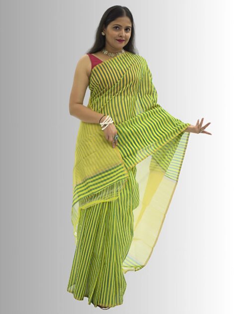 Chanderi Silk Lemon Yellow and Green Stripes Saree