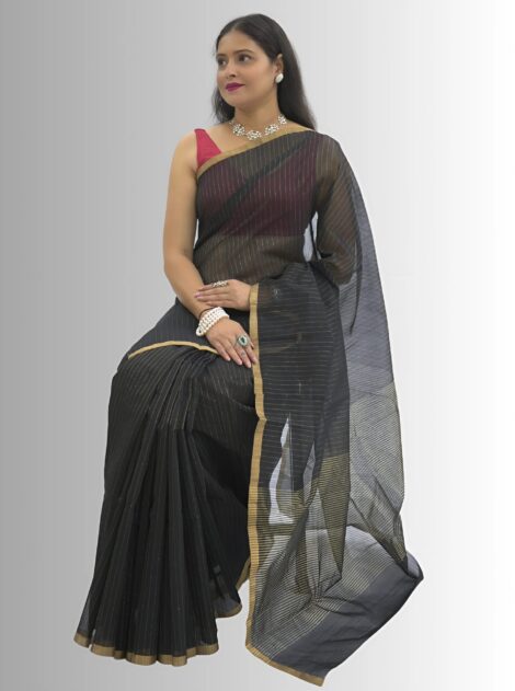 Chanderi Silk Black  Saree with Golden Zari Stripes
