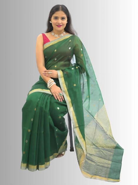 Chanderi Silk Green  Saree with Golden & Silver Border