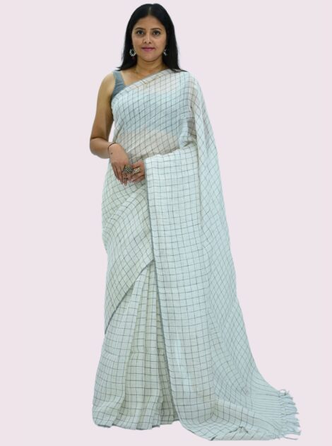 Pure Handloom Linen White Check Saree
