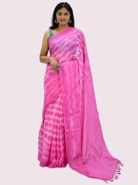 Pure Handloom Linen Pink Shibori Work Saree