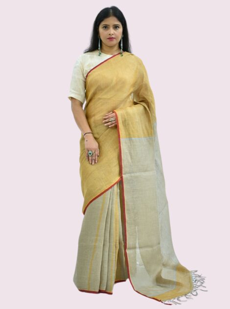 Pure Handloom Linen Beige Brown Saree