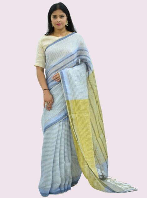 Pure Handloom Linen White Saree