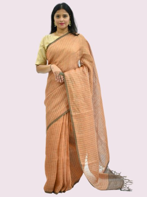 Pure Handloom Linen Dark Peach Saree