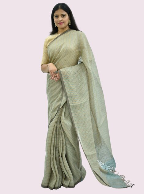 Pure Handloom Sage Green Linen Saree