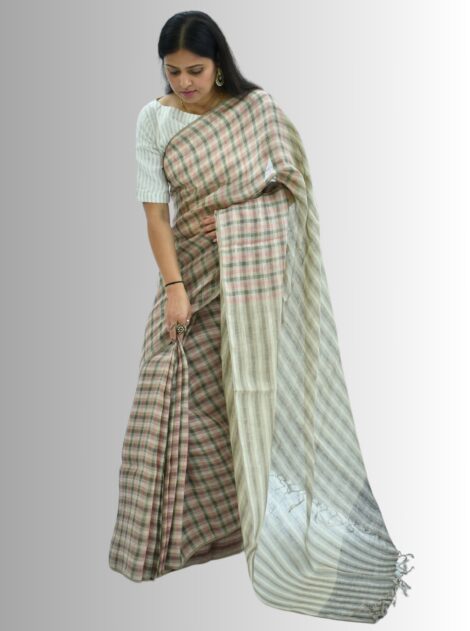 Pure Handloom Linen Beige Brown & Pink Check Saree