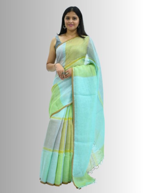 Pure Handloom Linen Multicolor Check Saree