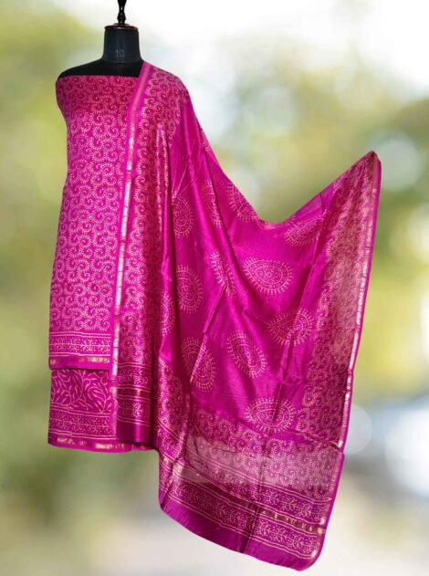 Chanderi Cotton Silk Dabu hand block  Print ntural fuschia Pink Colour suit for Women