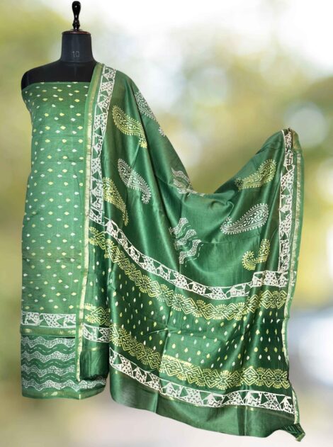 Chanderi Cotton Silk Dabu hand block  Print ntural bottle green Colour suit for Women