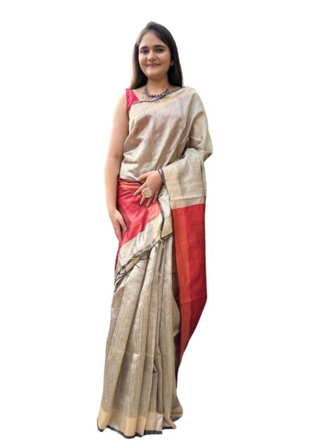 Pure handloom Beige and Red Ghicha Tussar Silk sare